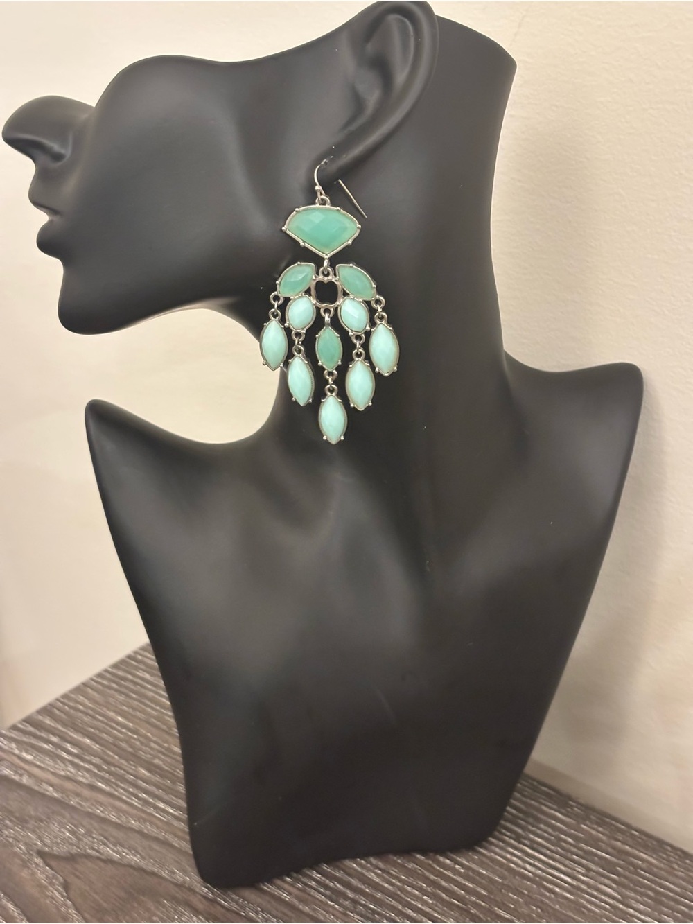 Silver Tone Aqua Mint Chandelier Statement Earrings Boho Drop Dangle